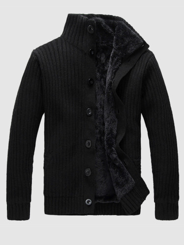 Funnel Neck Men Knitted Button Jacket with Faux Fur Lining