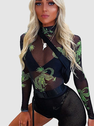 Long Sleeve High Neck Mesh Bodysuit In Dragon Print