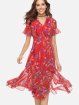 OneBling Asymmetric Ruffles Hem Fluted Sleeve Wrap Front Floral Print Dress