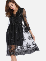 OneBling Sequins Embroidery Midi Wrap Dress with Scallop Trim