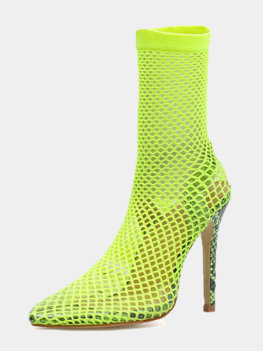 OneBling Plus Size Neon Green Pointed Toe Fishnet Heeled Ankle Boots /12cm