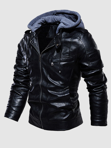 Men Faux Leather Hooded Zipper Jacket