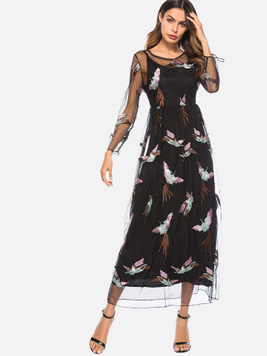 OneBling Lace Embroidery Birds Perspective Sexy O-Neck Maxi Dress Two-piece