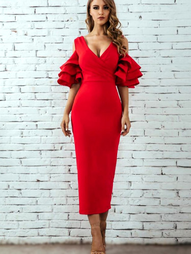 Cold Shoulder Plunge Midi Dress with Exaggerated Tiered Sleeve