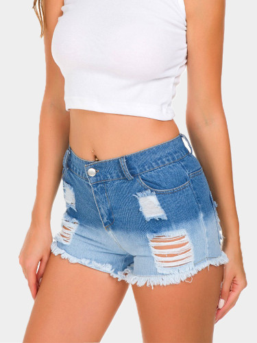 Two Tone Denim Shorts with Heavy Rips