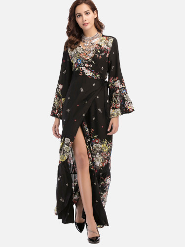 OneBling Black Floral Print Self Belted Surplice Wrap Dress