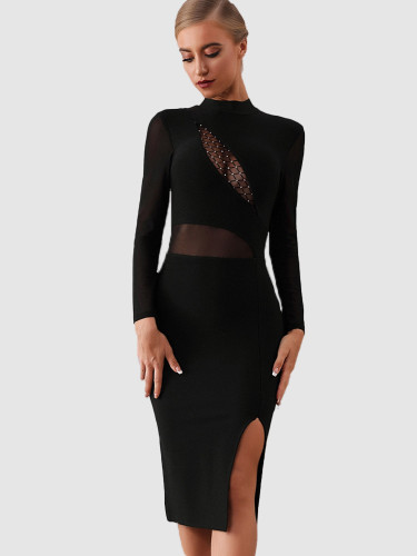 High Neck Bodycon Midi Dress In Black with Cut Out and Side Split