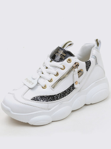 OneBling Women Lace Up Chunky Trainers with Zipper and Sequins Detail