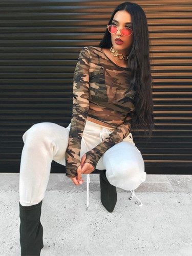 OneBling Long Sleeve Sheer Mesh Camo Crop T-Shirt