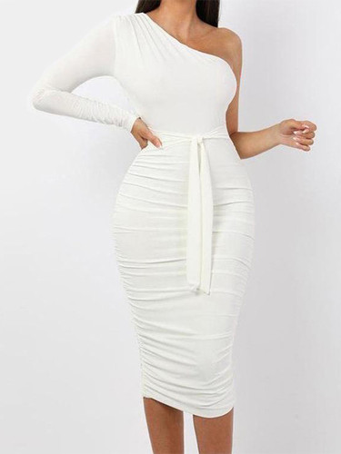 One Shoulder Ruched Midi Dress with Long Sleeve and Tie Waist