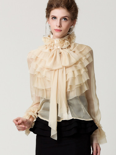 OneBling 3D Flower High Neck Ruffles Layered Fluted Sleeve Sheer Blouses with Bow Tie