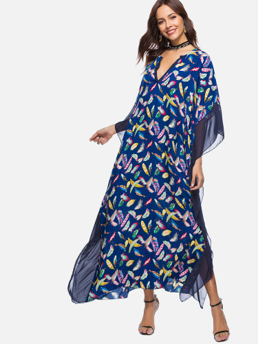 OneBling Feather Print Loose Dolman Sleeve Maxi Dress