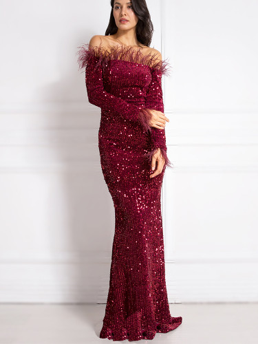 Sequin Bardot Velvet Fishtail Maxi Dress with Feather Trim