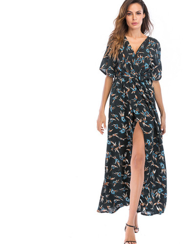 OneBling Batwing Sleeve Wrap Front Maxi Dress In Flame Print
