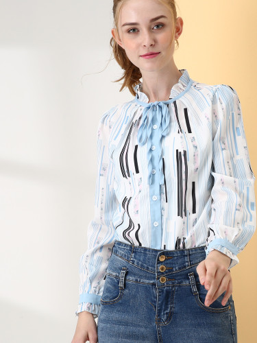 OneBling Frill Tie Neck Fold Pleated Detail Floral and Striped Print Blouses