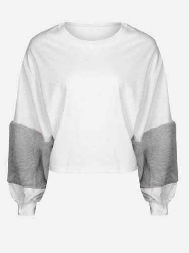 OneBling Contrast Faux Fur Sleeve Drop Shoulder Crop Sweatshirts