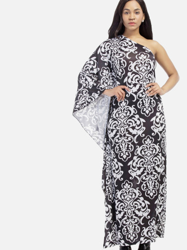 OneBling Plus Size Bohemian Print Cape Kimono Sleeve Draped Detail One Shoulder Maxi Dress