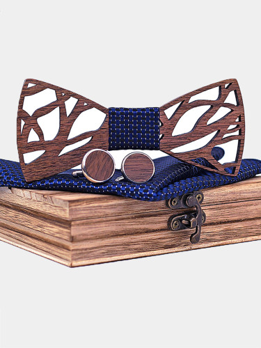 Handkerchief Cufflinks Carve Wooden Bowtie Set for Men