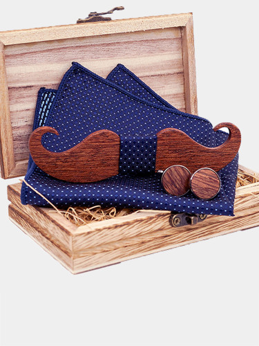 Mustache Wood Bowtie Handkerchief Cufflinks Sets for Men