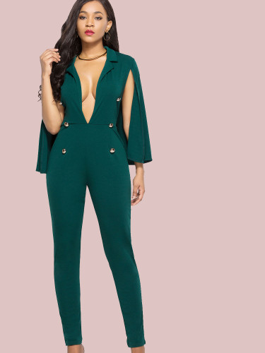 OneBling Double Breasted Deep Plunge Skinny Jumpsuits with Cape
