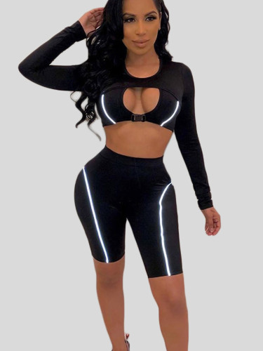 OneBling Reflective Stripe Fitness 2 Piece Set Women 2019 Summer Long Sleeve Buckle Hollow Out Tops High Waist Shorts Outfits