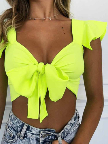 OneBling Crop Tops with Tie Front and Ruffles Sleeve
