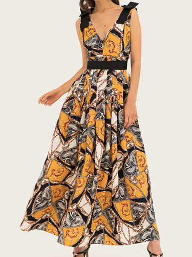 V Neck Smock Maxi Dress with Shoulder Detail In Ornate Print