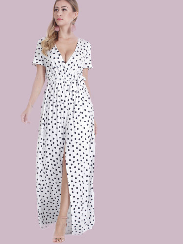 OneBling Short Sleeve Maxi Wrap Dress In Spot Print with Belt