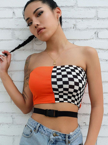 OneBling Check Print Bandeau Crop Tops with Plastic Buckle