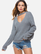 OneBling Halter V neck Sweater Women Loose Knitted Pullover Outerwear
