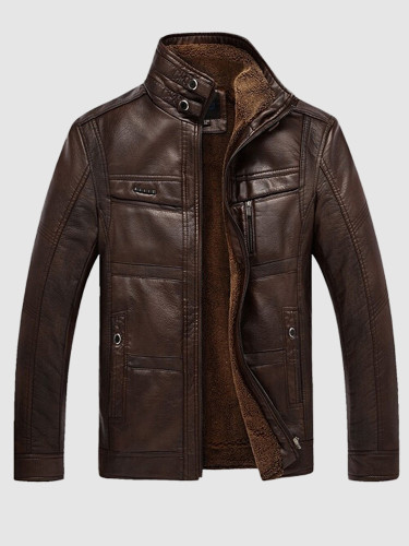 Men Faux Leather Jacket with Fleece Lining