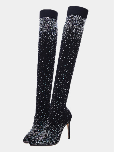 OneBling Plus Size Pointed Toe Over The Knee Heeled Boots with Rhinestone Embellishment