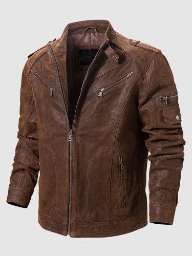 Genuine Leather Men Jacket with Stitching Detail