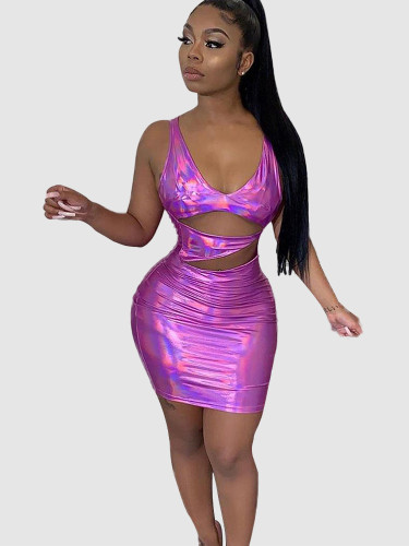 Deep V Neck Bodycon Mini Dress In Metallic Shine with Cut Out
