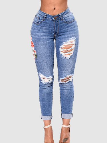 OneBling Distressed Rips Skinny Jeans with Embroidery Detail