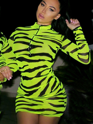 High Neck Zipper Front Mini Dress In Neon Zebra Print