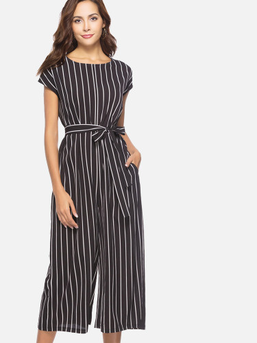 OneBling Cap Sleeve Pocket Detail Striped Wide Leg Cropped Jumpsuit with Belt