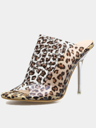 OneBling Plus Size Peep Toe Clear Heeled Mules In Leopard  /11CM