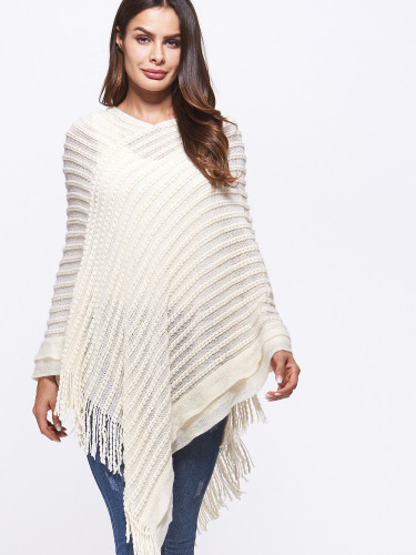 OneBling Asymmetric Hem Tassels Detail Textured Striped Poncho Top