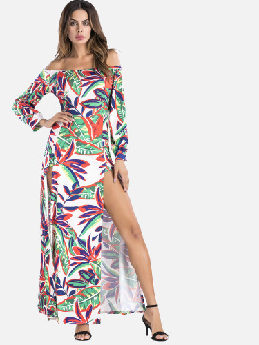 OneBling Sexy Off Shoulder Long Sleeve High Split Floral Print Maxi Dress