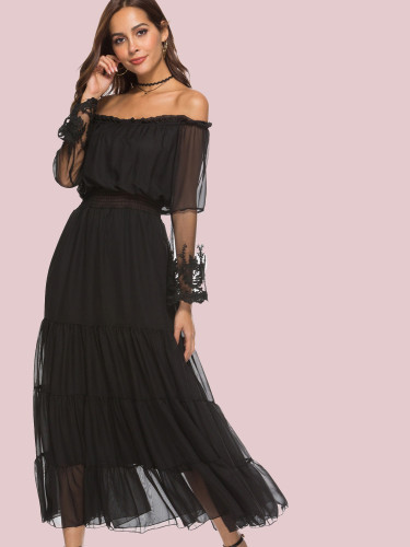 OneBling Lace Contrast Sleeve Off Shoulder Tiered Maxi Dress