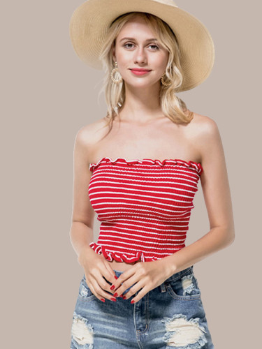 OneBling Frill Trim Shirred Bandeau Top In Striped