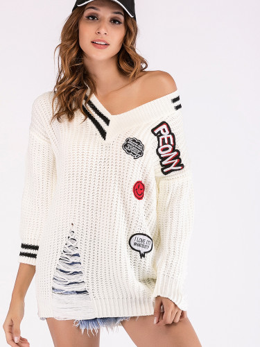 OneBling Distressed Textured Knit Dropped Shoulder Jumper with Tipping and Patch