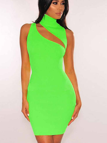 OneBling Neon Green Mini Dress with Turtle Neck and Cut Out Detail