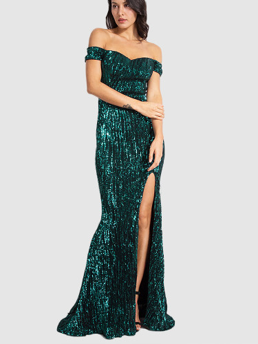 Sequins Off Shoulder Fishtail Maxi Dress with Thigh Split