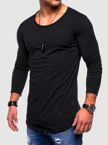 Solid Color Long-sleeve O-neck Casual Men T-shirt