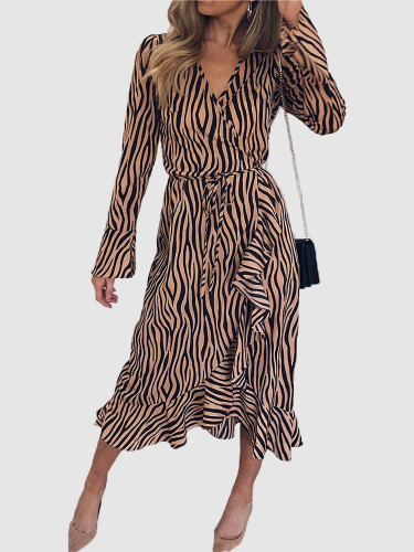 Zebra Print Wrap Midi Dress with Ruffles Detail & Fluted Sleeves