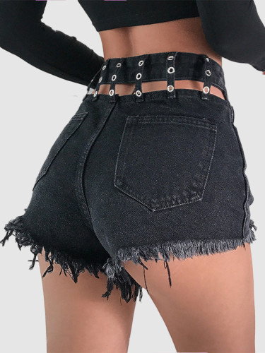 Cut Out Black Denim Shorts with Studded Belt Loops