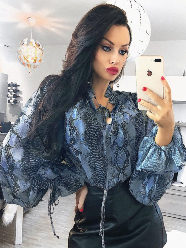 OneBling Balloon Sleeve Loose Chiffon Blouses In Snake