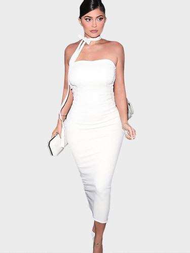 Bodycon Midi Dress with Cross Back and Tie Neck